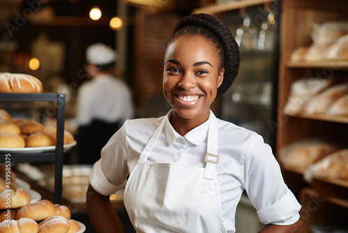 Portrait of smiling African American female staff standing in pastry shop