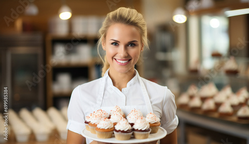 Portrait of smiling female pastry chef holding cupcakes in a bakery