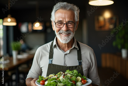 Portrait of smiling senior man holding salad in restaurant. Cheerful senior man with healthy food