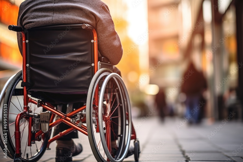 Man in wheelchair navigating city sidewalk, accessibility in urban areas. Man in wheelchair navigating city sidewalk, accessibility in urban areas.