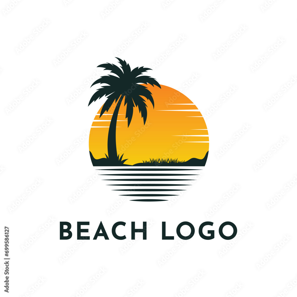 Beach logo design idea with palm tree and sun