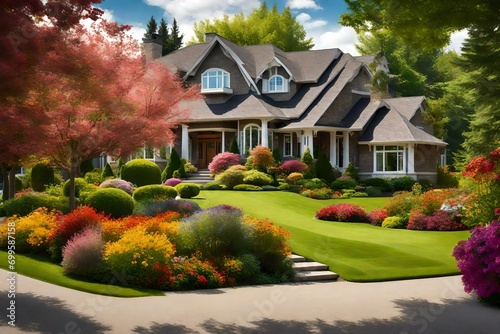 Beautiful houses in a North American suburban setting, adorned with well-manicured lawns and colorful gardens, showcasing the charm of summer living.