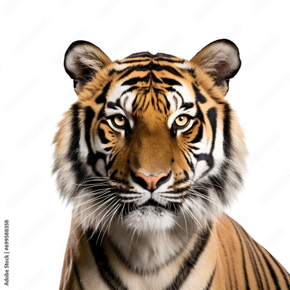 Naklejka premium Bengal Tiger Close-Up: Half-Body Shot of an Untamed Wild Creature, Isolated on Transparent Background, PNG