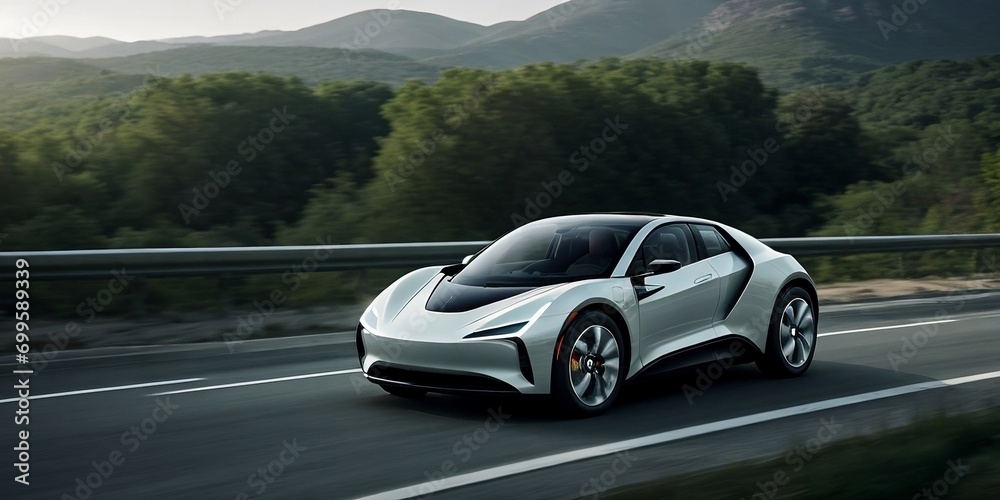 Naklejka premium A futuristic EV car running in the forest with motion blur and copy space. Sustainable concept.