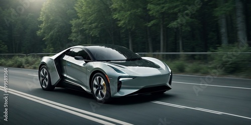 A futuristic EV car running in the forest with motion blur and copy space. Sustainable concept. © PNG&Background Image