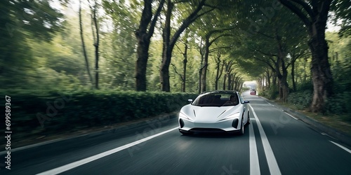 A futuristic EV car running in the forest with motion blur and copy space. Sustainable concept. © PNG&Background Image