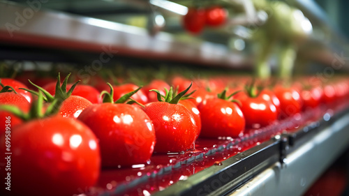 Tomatoes on the conveyor. Tomatoes in a food factory, fresh, ready for automatic packaging. 