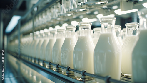 Filling milk or yoghurt in to plastic bottles at factory. Equipment at dairy plant. Milk bottling line at dairy production plant. 