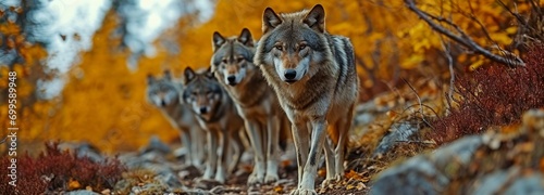 A pack of wolves in the fall forest, a close-up look at nature, predators hunting, and the anxiety of being attacked by wild animals © tongpatong