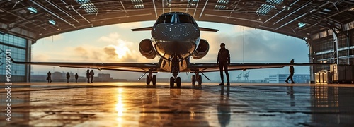 Examining a business jet in an aeroplane hangar are ground crew members of air traffic control. . photo