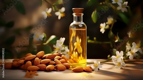 Almond oil in a glass bottle with almonds and jasmine flowers