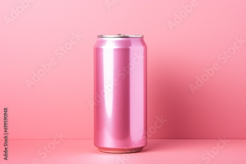 Pink aluminum soda can on pink background. Minimalistic design.