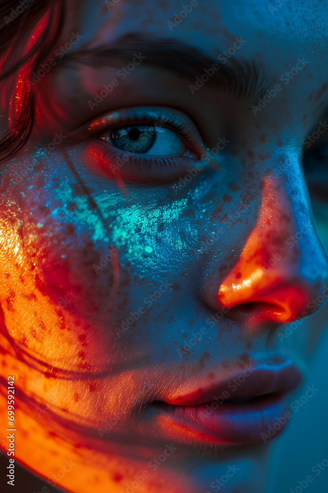 Portrait of a young woman under blue and yellow lights.