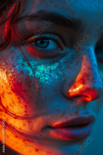 Portrait of a young woman under blue and yellow lights. © Marija A.