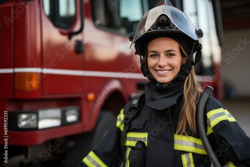 Smiling female firefighter standing beside fire engine