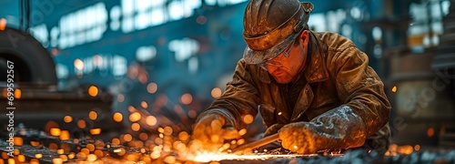Tableau sur toile A worker in a steel plant measures steel using callipers..