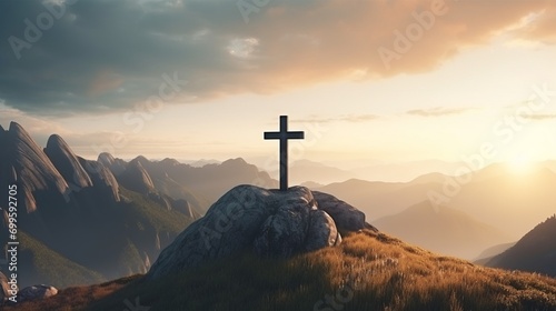 Holy cross on top of mountain at sunset or sunrise  symbolizing the death and resurrection of Jesus Christ . Hill is shrouded in light and clouds, horizontal background, Religion, Christianism concept #699592705