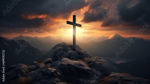 Fotografiet Holy cross on top of mountain at sunset or sunrise  symbolizing the death and resurrection of Jesus Christ