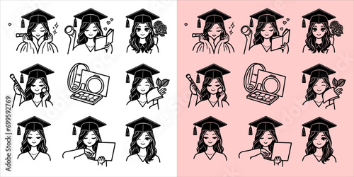 Vector of Diverse young students celebrating their graduation with diploma hat. set illustration doodle line art