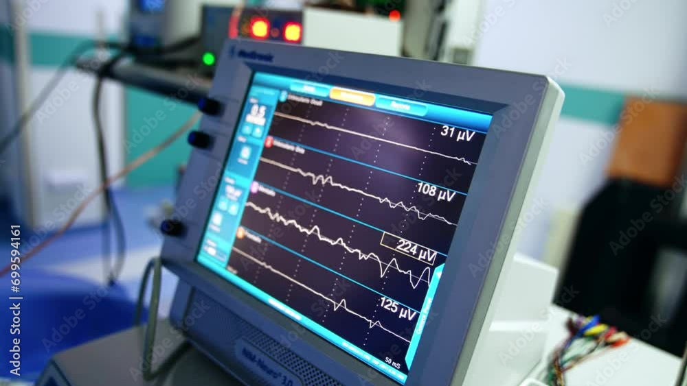 Curved lines running quickly on the screen of nerve monitor. Close up view on the equipment in surgery room. Curved lines running quickly on the screen of nerve monitor. Close up view on the equipment in surgery room.