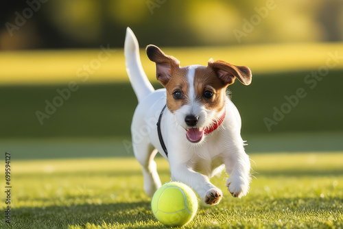 Cute jack russell terrier running and bringing a tennis ball.Dog enjoys playing ball concept of active plays with pets.Generative AI
 photo