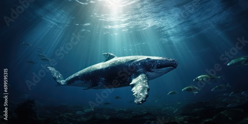 Sea whale deep underwater swims is sunny rays. Ocean life, wildlife. Conservation species and population. Ecosystem