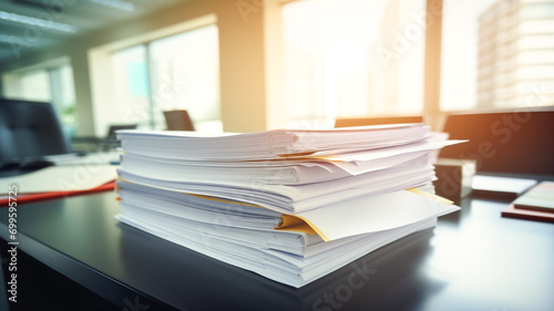 Close up stack of documents folders on office desk waiting to be completed.
