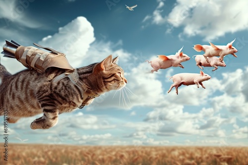 A cat wearing a jetpack soaring through the air, chasing a flock of flying pigs © Izanbar MagicAI Art