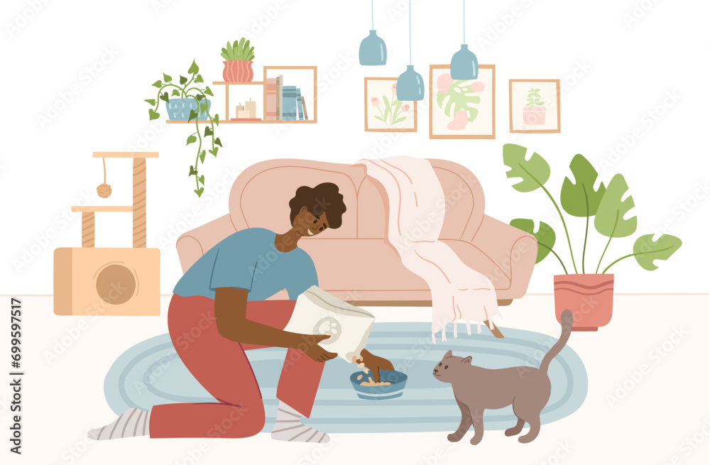 Fototapeta premium happy pet owner feeding cat in cozy interior of living room. Pet sitter and friendly service concept. People caring about animal friends at home. Colored flat hand drawn vector illustration.