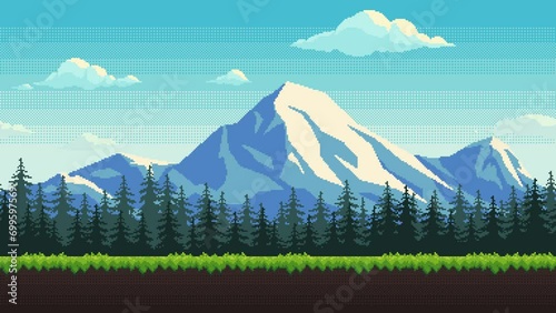 Pixel art animation of background with snow capped mountains, fir tree forest, green grass and clouds. Animated 8 bit landscape. photo