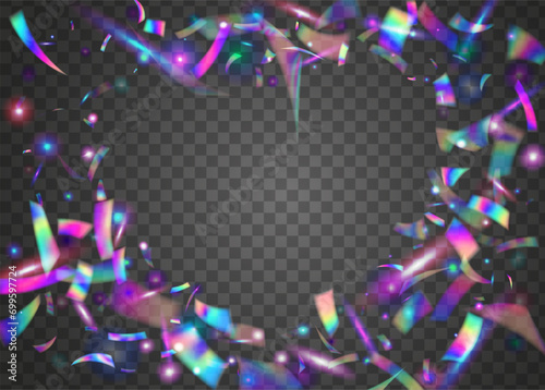 Iridescent Confetti. Bright Foil. Party Design. Cristal Glare. Purple Retro Texture. Flying Art. Bokeh Background. Metal Celebrate Decoration. Violet Iridescent Confetti