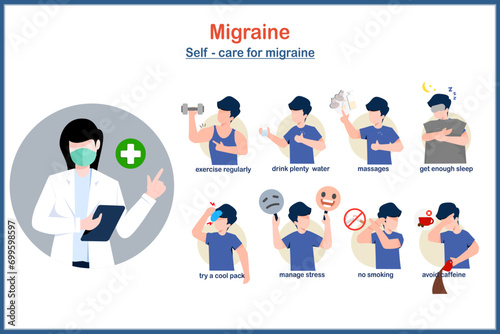 medical vector illustration.self care for migraine includes stress management,getting enough sleep,not smoking and caffeine,massage and essential oils,drinking plenty of water.exercise regularly.