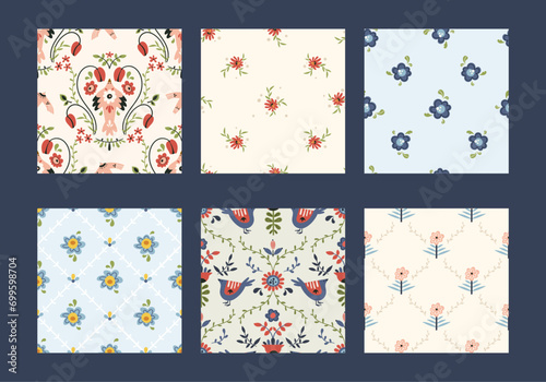 Folk hygge floral seamless pattern pack - birds, branches, flowers and leaves scandinavian nordic style, botanical repeating motives on background for wrapping, textile, digital or scrapbook paper