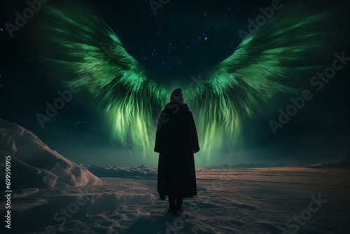 An angel gazing at aurora while holding wings. Generative AI