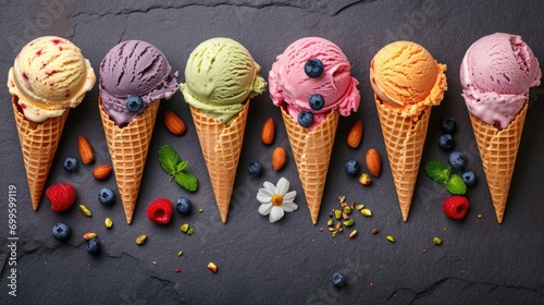 Five Delicious Ice Cream Cones with a Variety of Flavors
