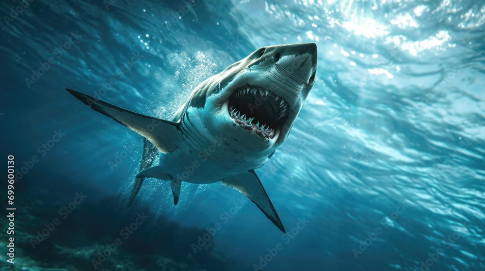 Fototapeta premium A Majestic Shark Capturing Prey in the Ocean