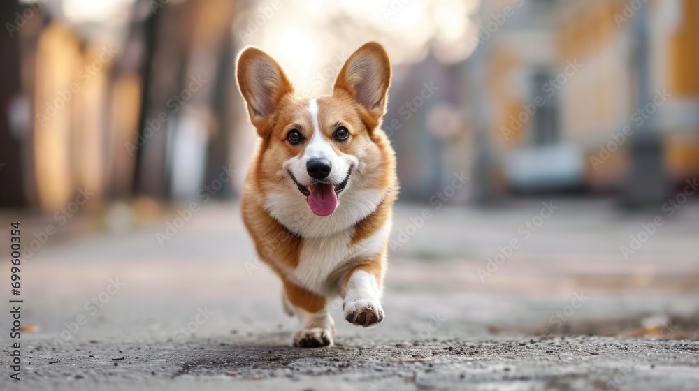 Corgi Dog Running Down a City Street