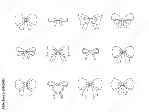 Set of ribbon bows isolated on white background. Vector illustration. Editable stroke. 	