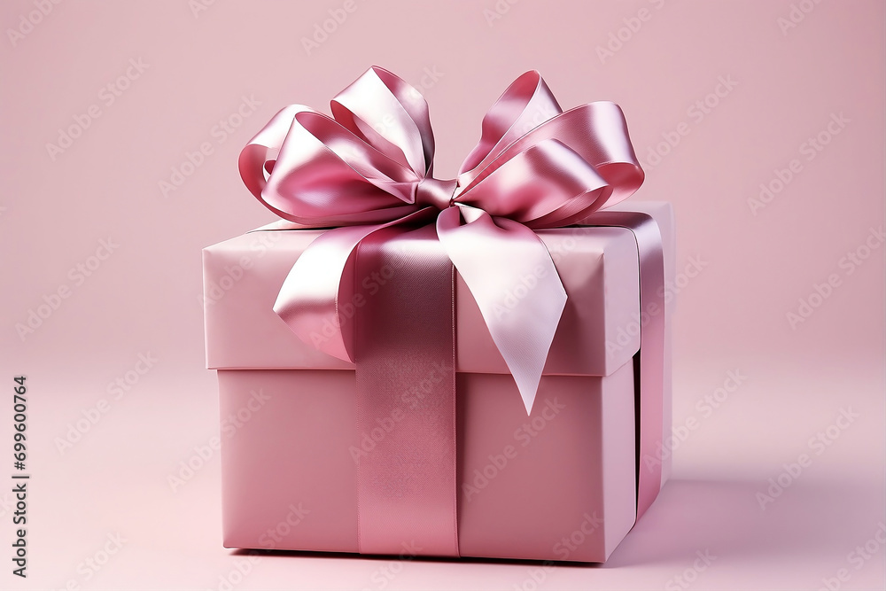 Fototapeta premium Holiday gift for birthday, New Year, Valentines day, Happy Mother's Day and other holidays concept. Festive pink box with a bow on a pink background.