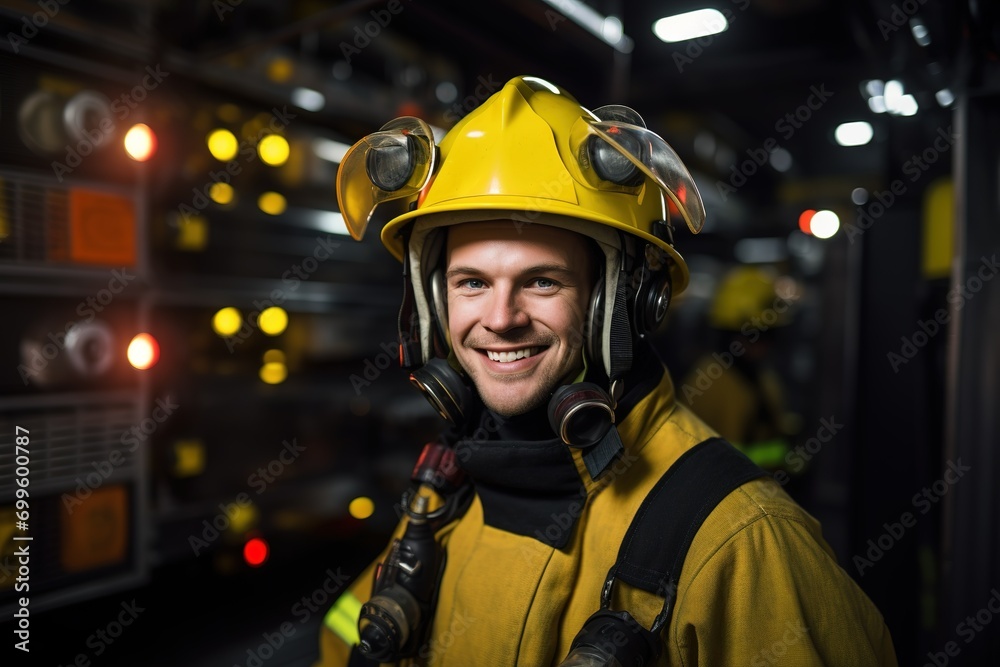 Smiling firefighter smiling, wearing full suit Smiling firefighter smiling, wearing full suit