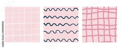 Simple Geometric Hand Drawn Irregular Patterns. Colored Doodle Checkered simple drawing with textures. Square Poster set