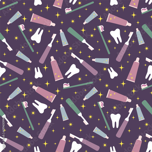 Vector magic oral care dental seamless pattern. Mouth cleaning tools, brushes, paste, tooth.