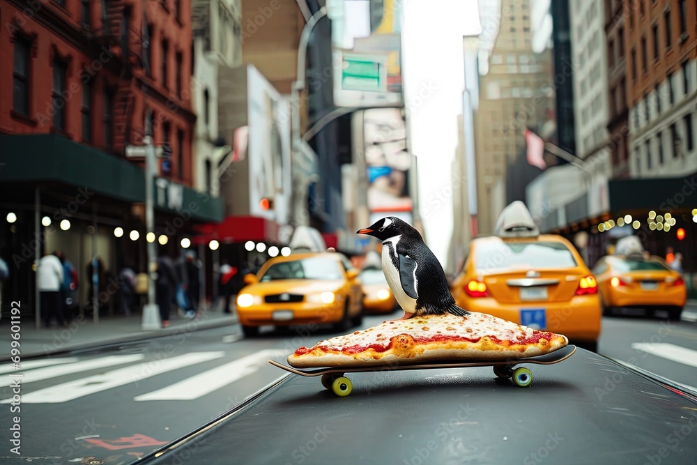penguin skateboarding in new york on a pizza - obrazy, fototapety, plakaty 