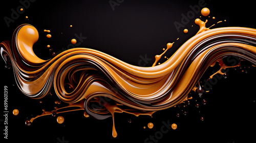 An artistic interpretation of caramel chocolate, featuring glossy drips and dribbles in warm tones against a dark background Ai Generative