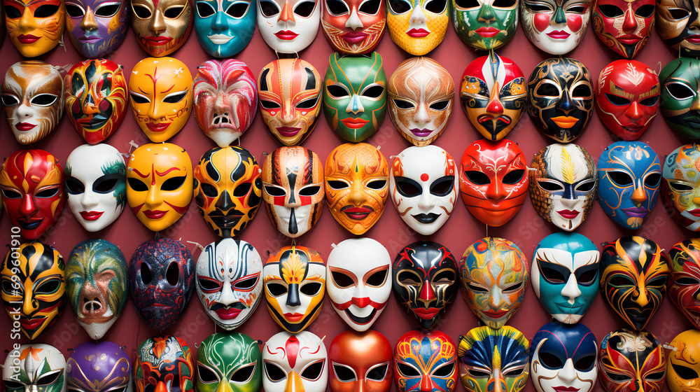 Carnival Masks Collage: colorful carnival masks representing different cultures and traditions