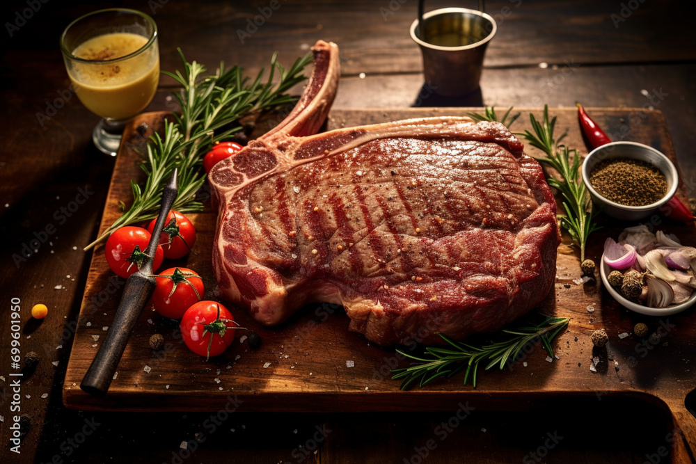 A thickcut Tbone steak is seasoned with sea salt. (Generative AI
