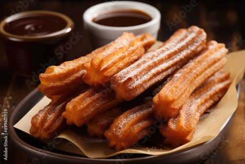 Freshly baked churros with irresistible chocolate sauces