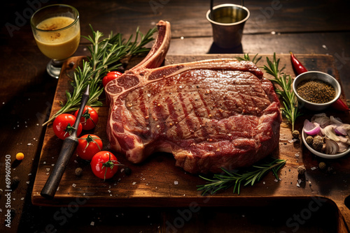 Fototapeta Naklejka Na Ścianę i Meble -  A thick-cut T-bone steak is seasoned with sea salt. (Generative AI)