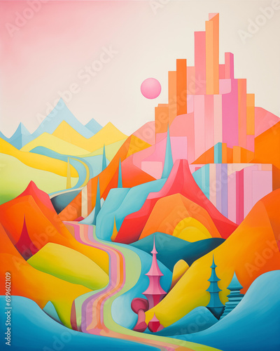 paisagem psicodélico colorida com montanhas ao nascer do sol - Fundo de tela  photo