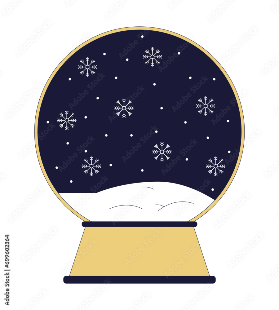 Naklejka premium Snowglobe winter snowflakes fall 2D linear cartoon object. Christmas snow globe isolated line vector element white background. Blizzard season. Magic snowstorm sphere color flat spot illustration